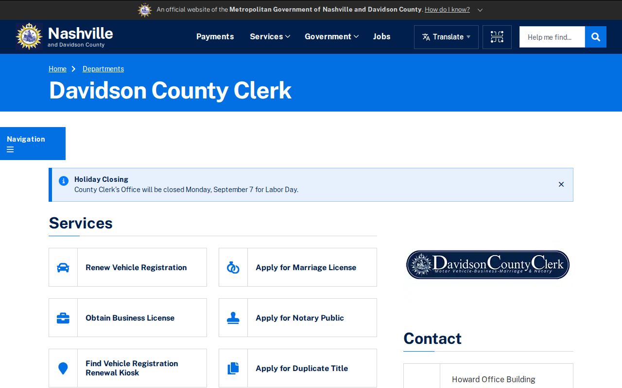Nashville residents directory view of Davidson County Clerk services
