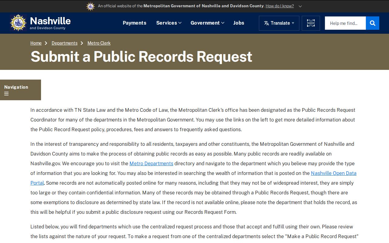 Nashville residents directory Metro public records request page