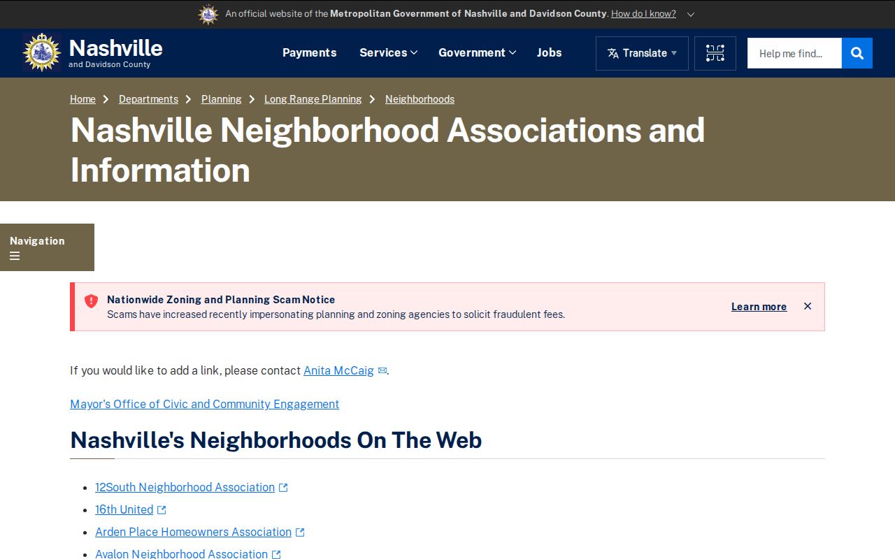 Nashville neighbors Metro neighborhood links and community association inventory