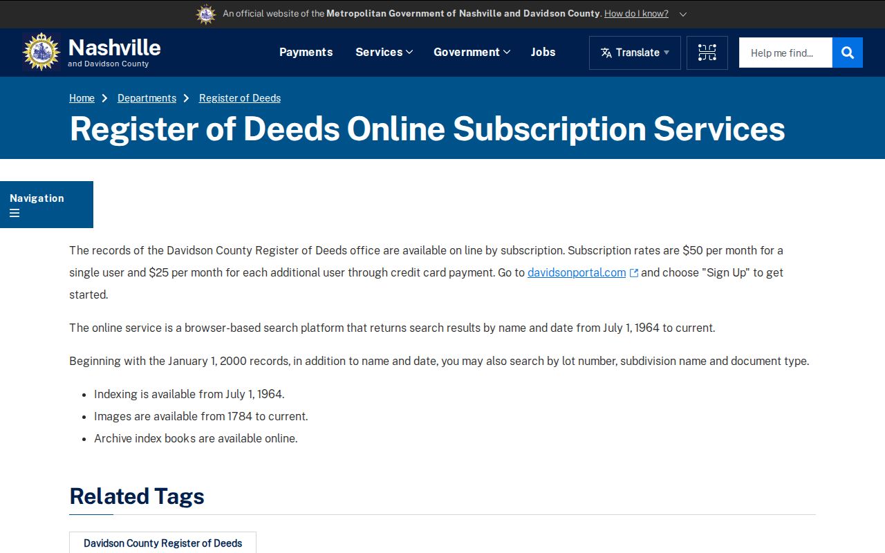 Nashville previous residents Register of Deeds index boundary and archive books