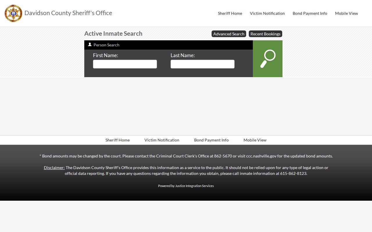 Nashville resident lookup Davidson County Sheriff active inmate search