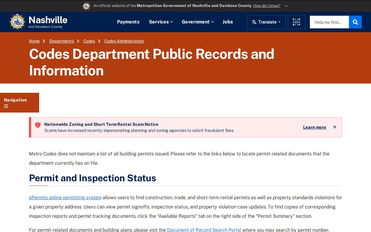 Nashville street directory Metro Codes public records and address inquiry